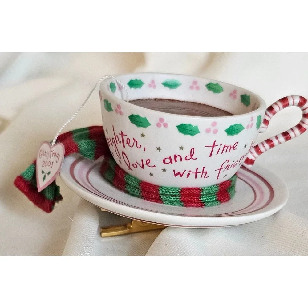 VTG 2001 Hallmark Teacup Ornament White Red Green Clip-On Hot Cocoa Scarf Dated